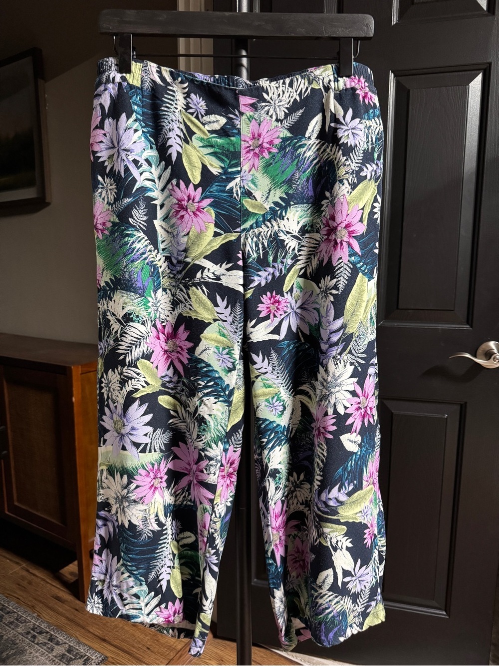 {J. Jill} Petite Black Tropical Floral Loose Relaxed Wide Leg Crop Pants WP20